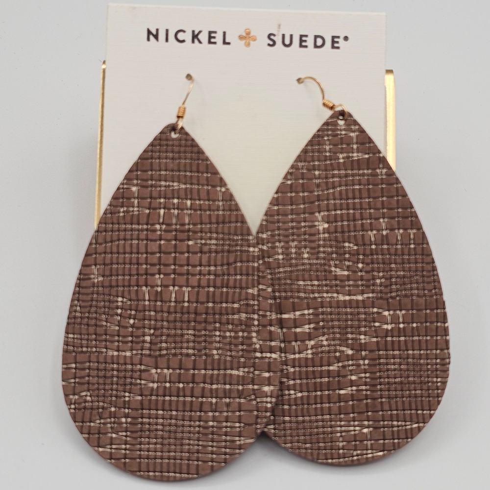 Nickel & Suede Leather Teardrop Earrings Brown Textured Boho Statement Dangle